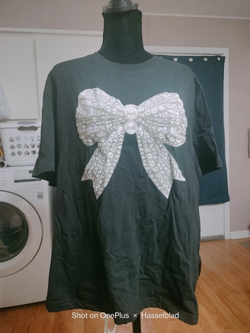 Black Tee with Rhinestone Bow Graphic